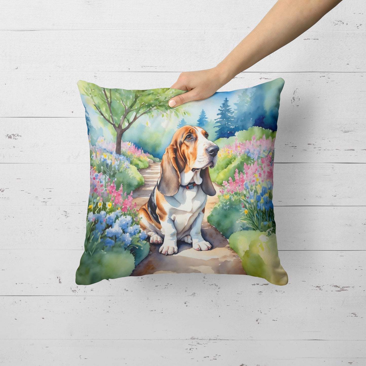 Basset Hound Spring Garden Throw Pillow