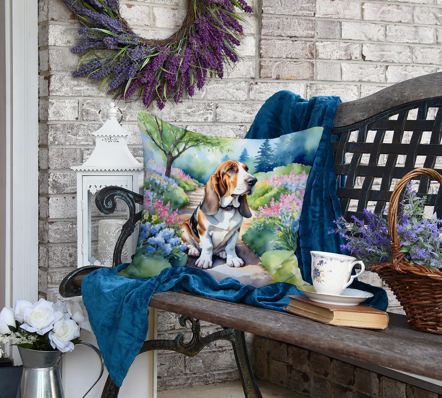 Basset Hound Spring Garden Throw Pillow