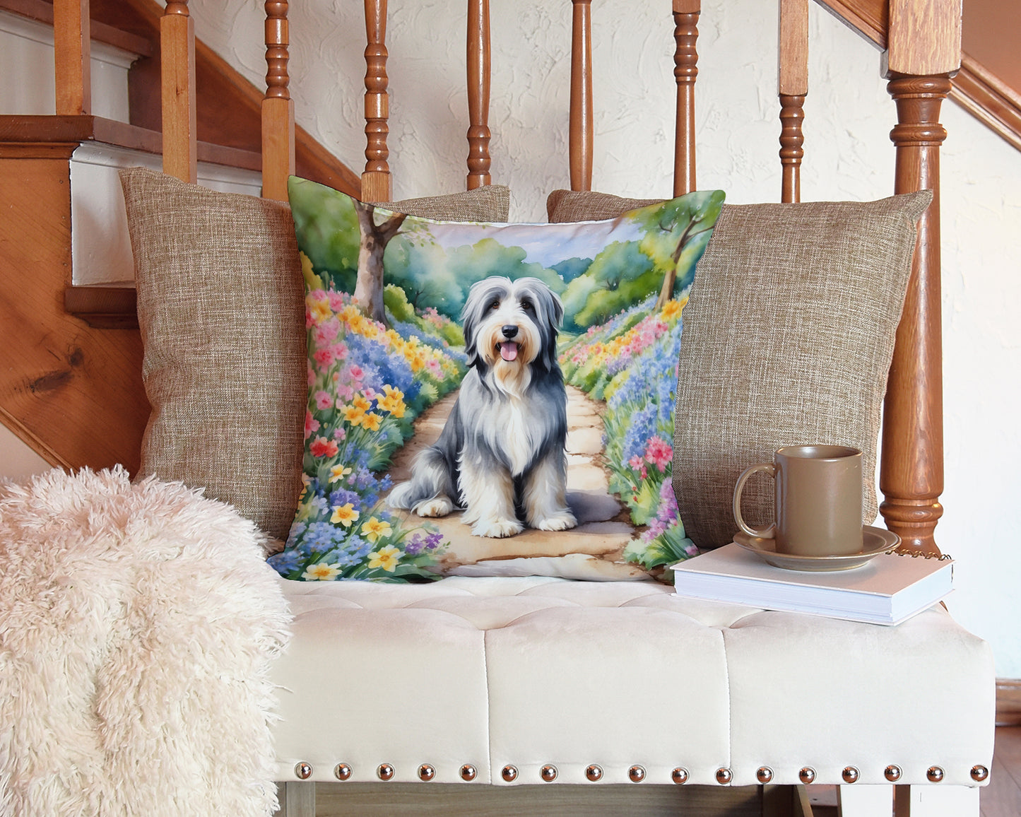 Bearded Collie Spring Garden Throw Pillow