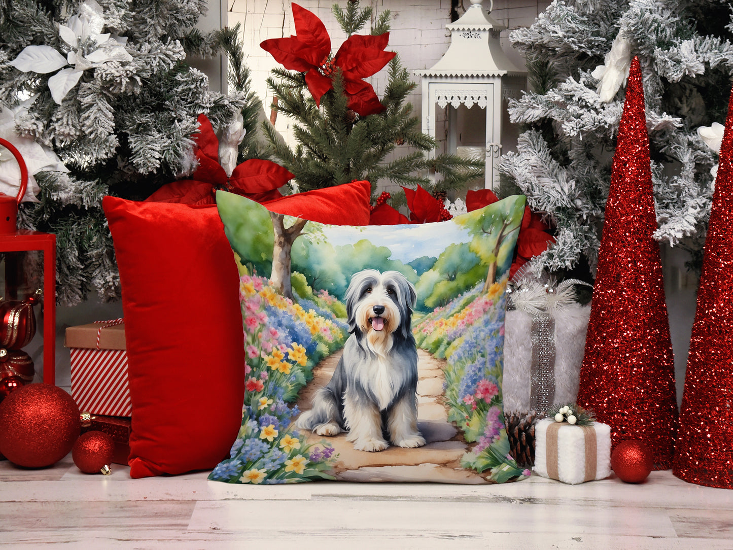 Bearded Collie Spring Garden Throw Pillow