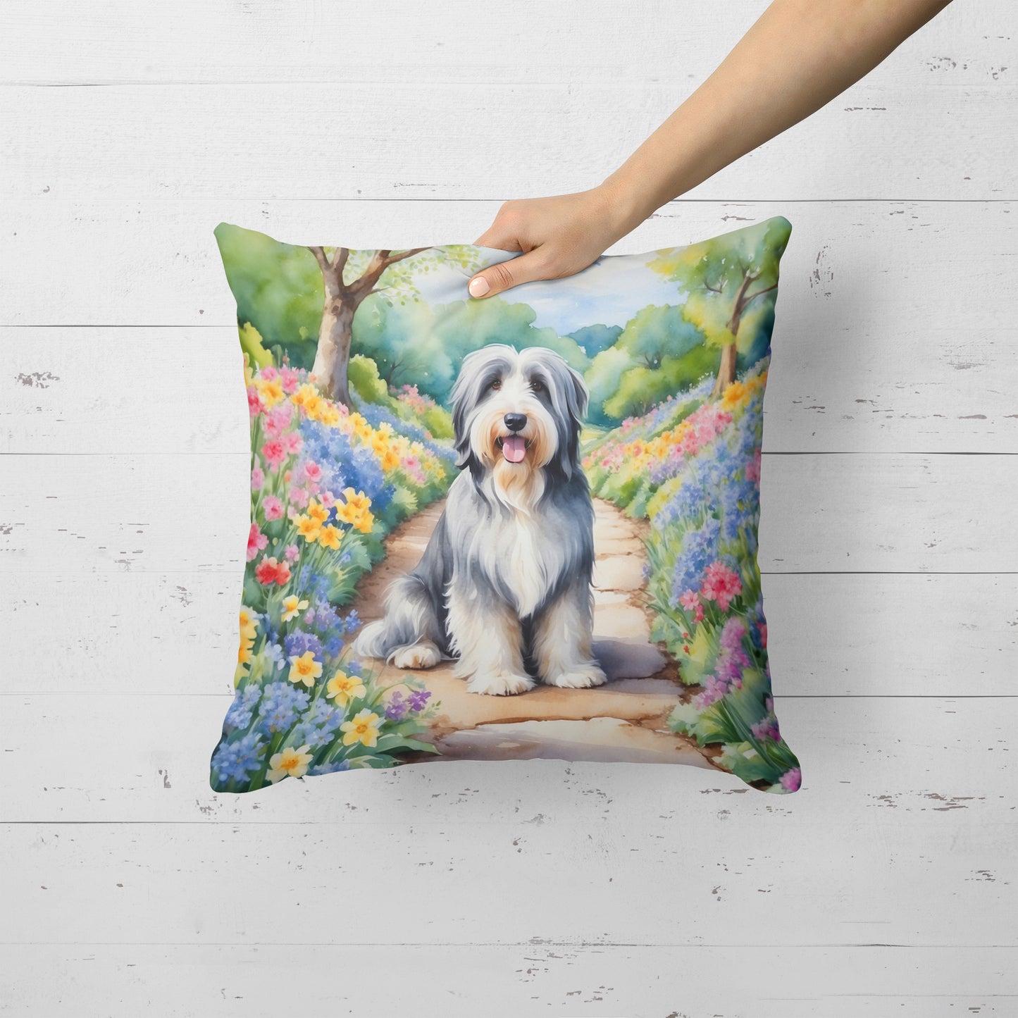 Bearded Collie Spring Garden Throw Pillow