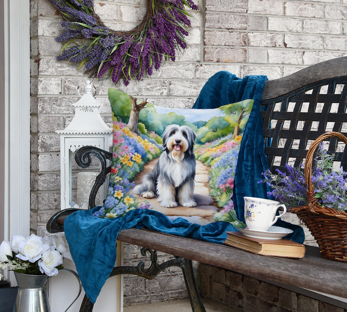 Bearded Collie Spring Garden Throw Pillow