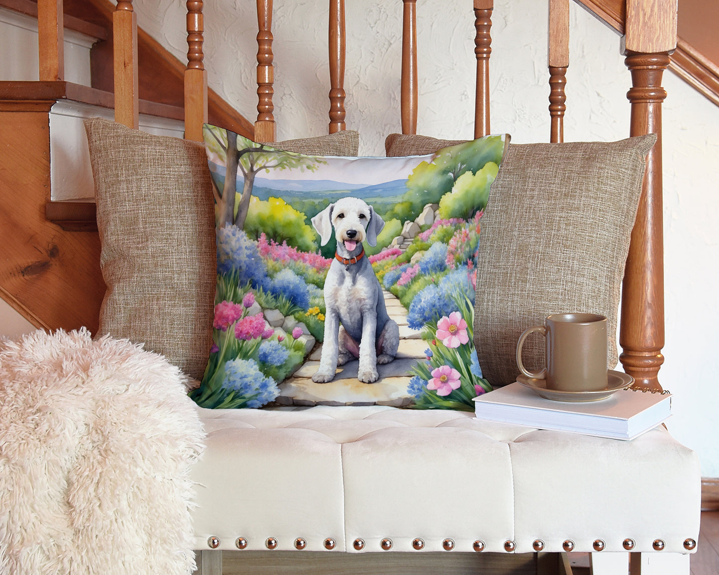 Bedlington Terrier Spring Garden Throw Pillow