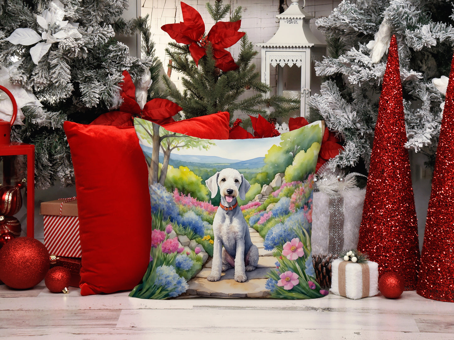 Bedlington Terrier Spring Garden Throw Pillow