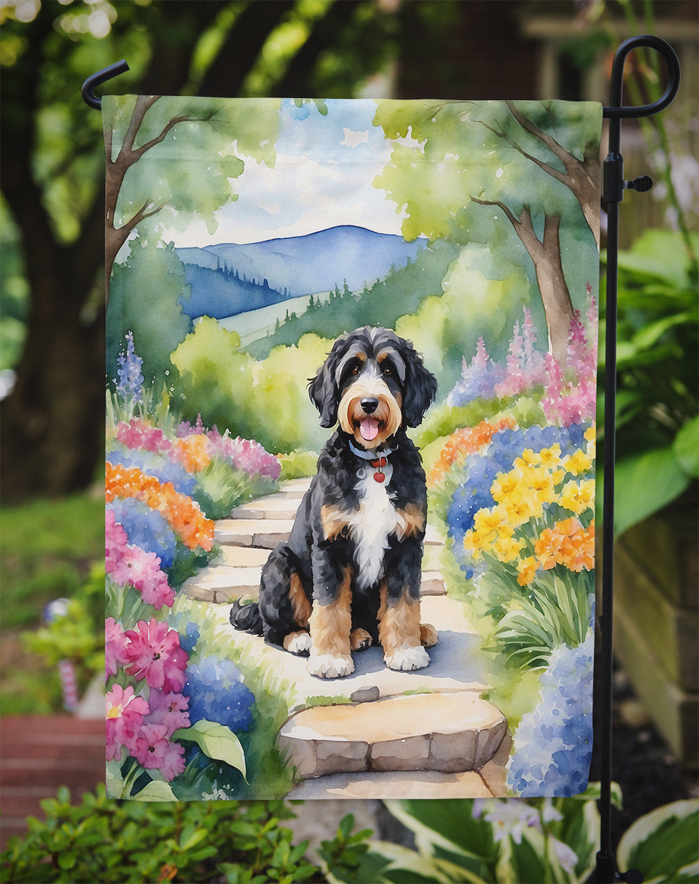 Bernedoodle Spring Path Garden Flag