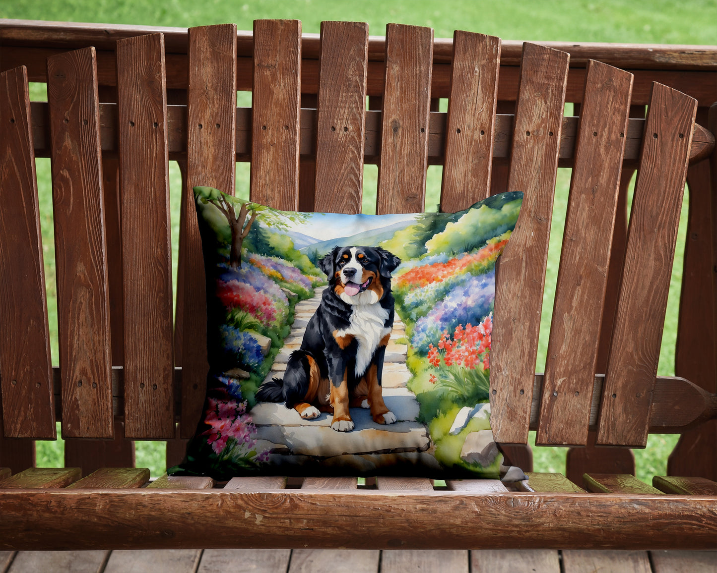 Bernese Mountain Dog Spring Path Throw Pillow