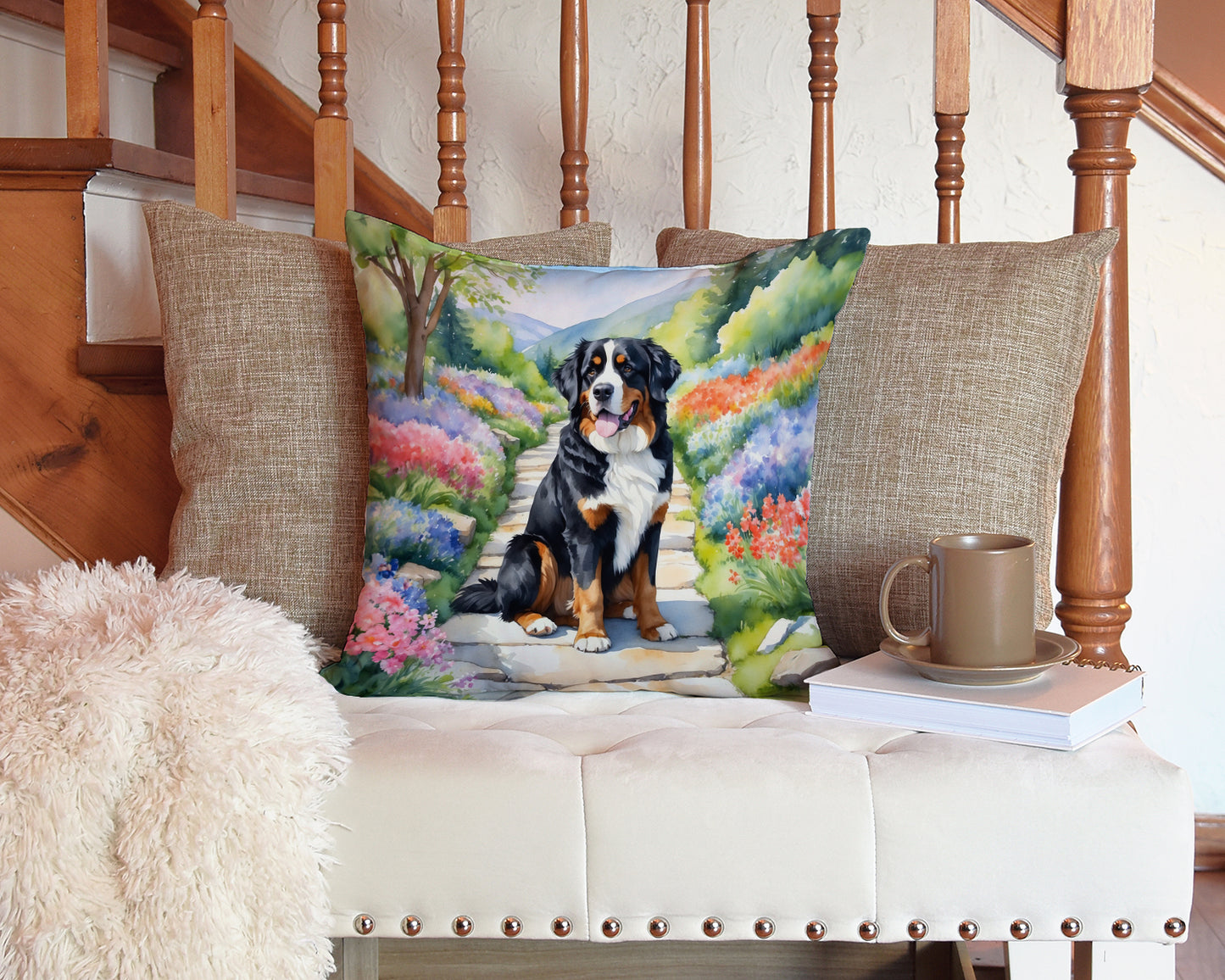 Bernese Mountain Dog Spring Path Throw Pillow