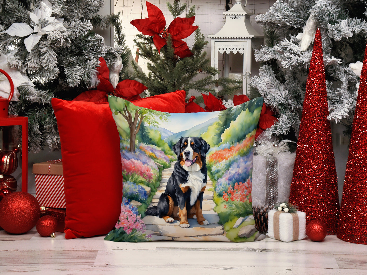 Bernese Mountain Dog Spring Path Throw Pillow