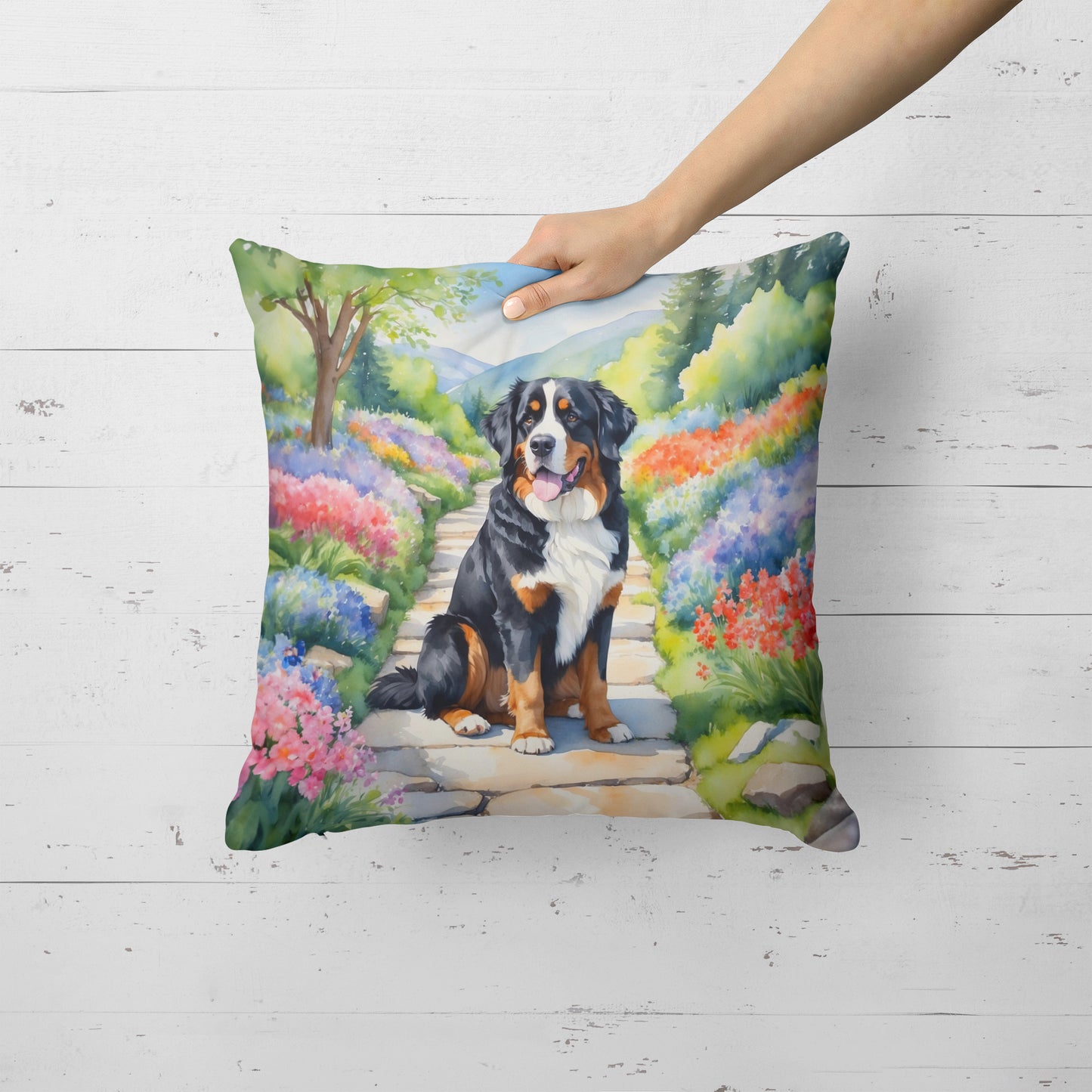 Bernese Mountain Dog Spring Path Throw Pillow