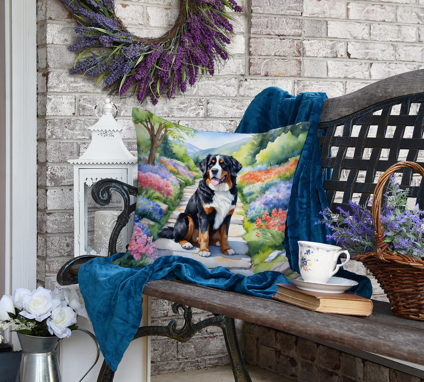 Bernese Mountain Dog Spring Path Throw Pillow