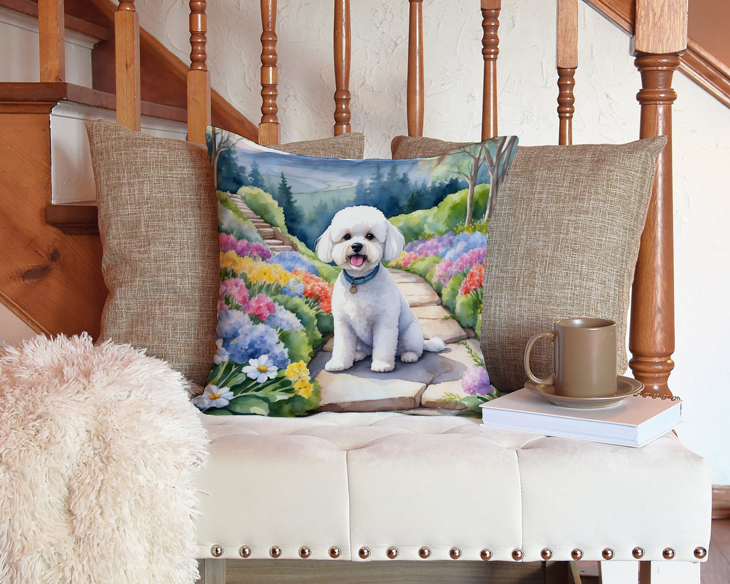 Bichon Frise Spring Path Throw Pillow