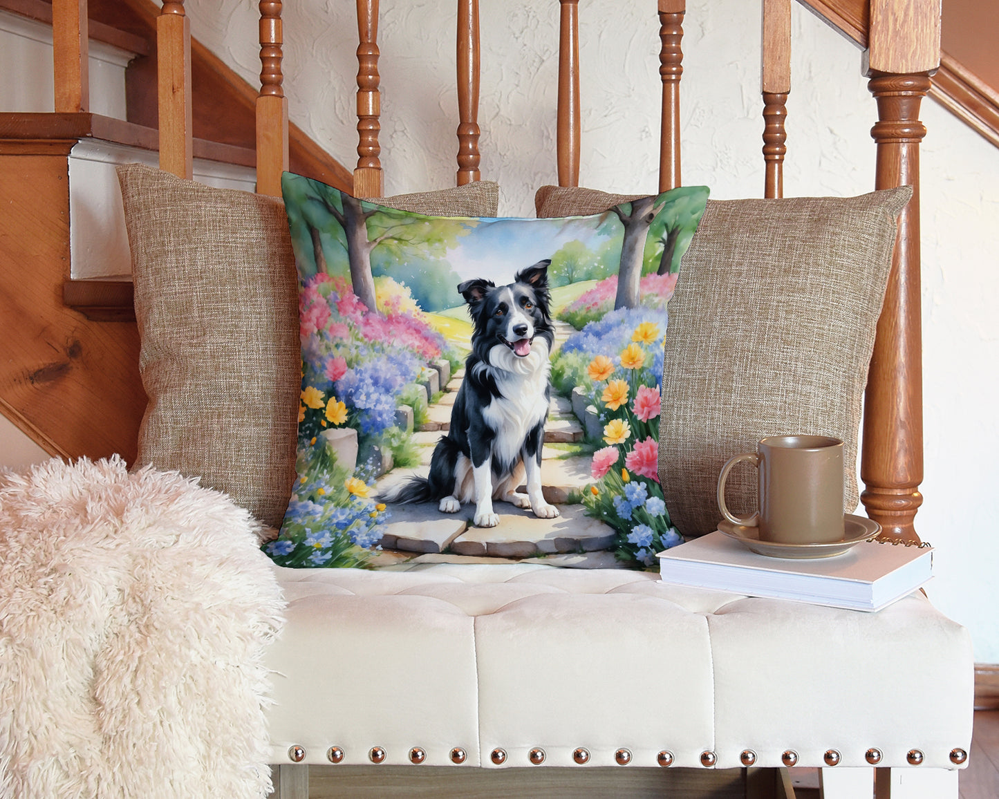 Border Collie Spring Path Throw Pillow