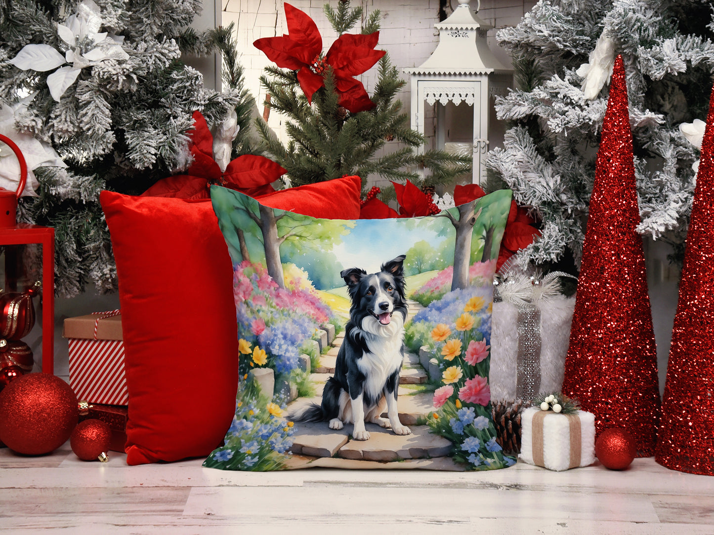 Border Collie Spring Path Throw Pillow