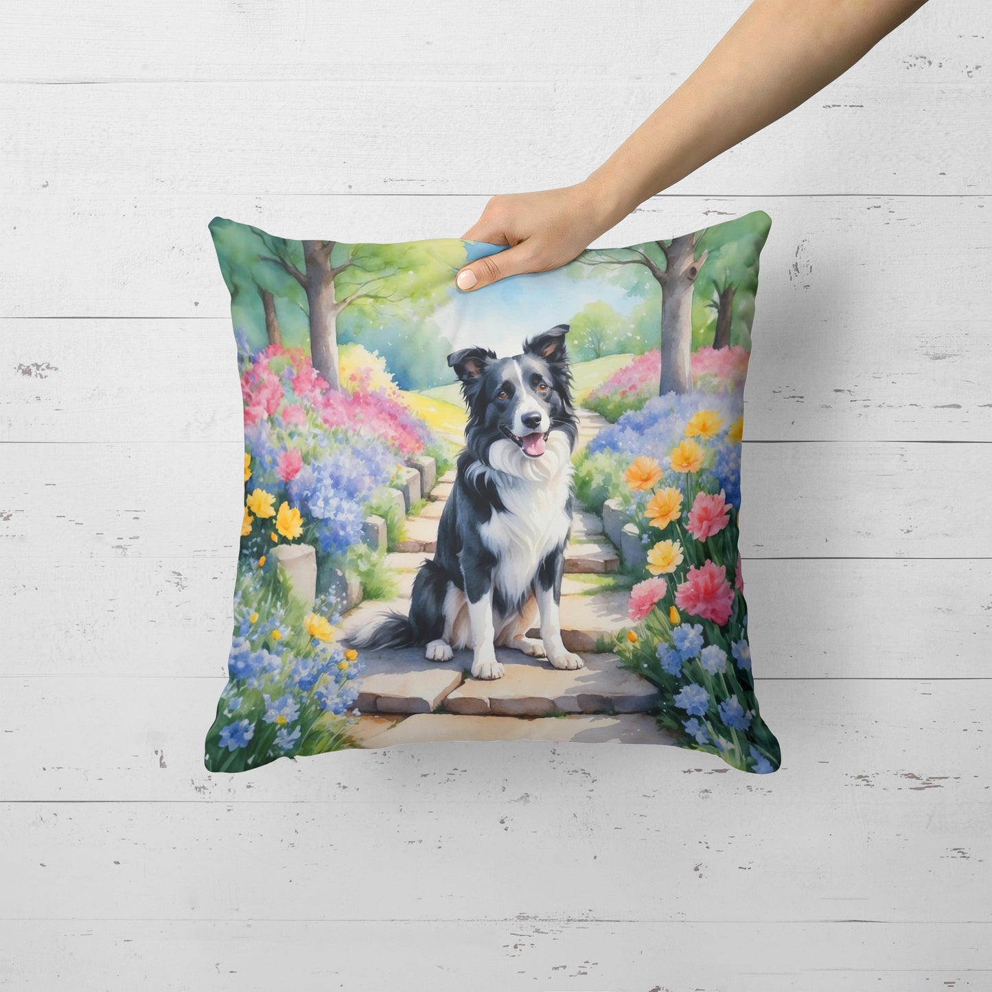 Border Collie Spring Path Throw Pillow