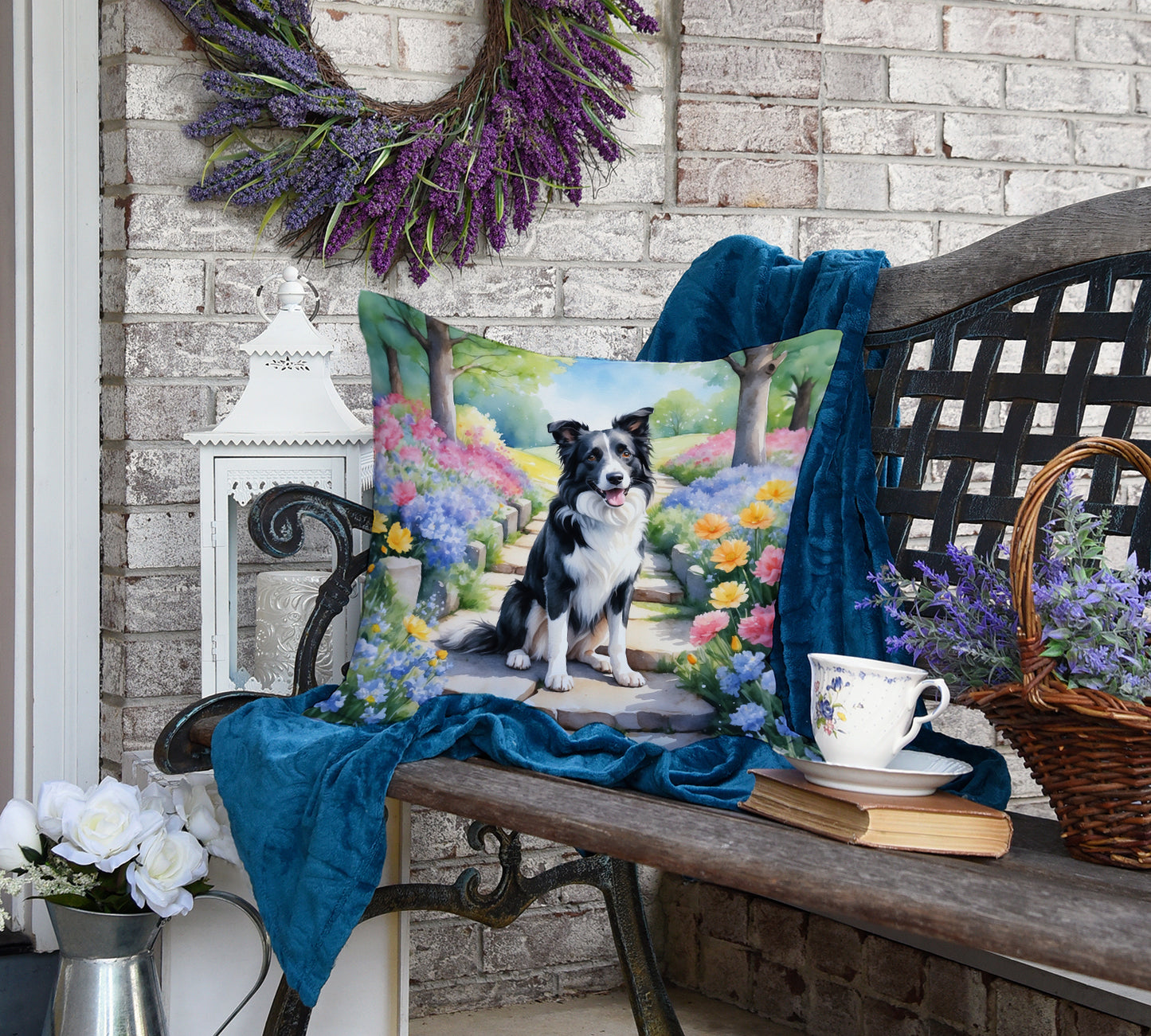 Border Collie Spring Path Throw Pillow