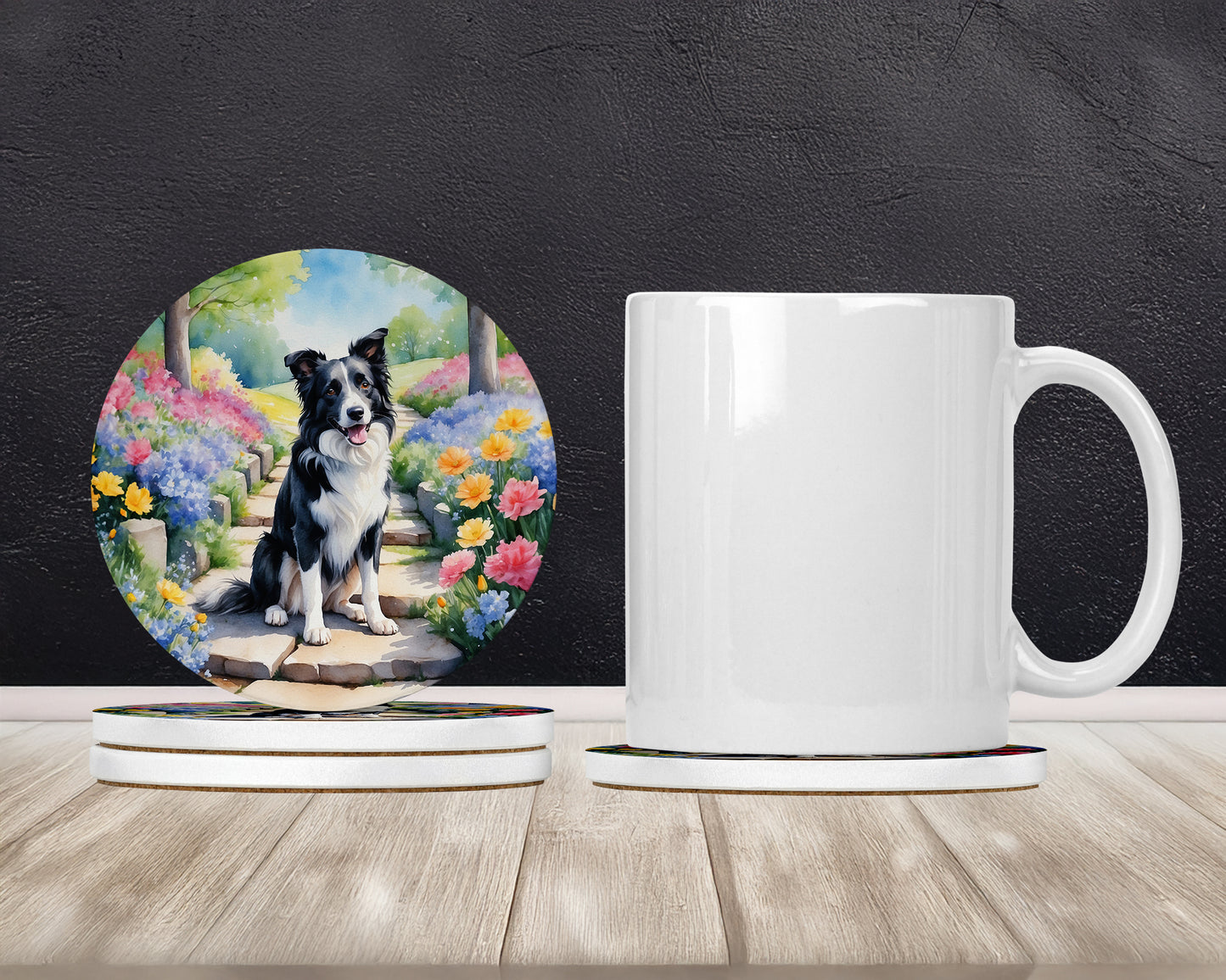 Border Collie Spring Path Large Sandstone Coasters Pack of 4