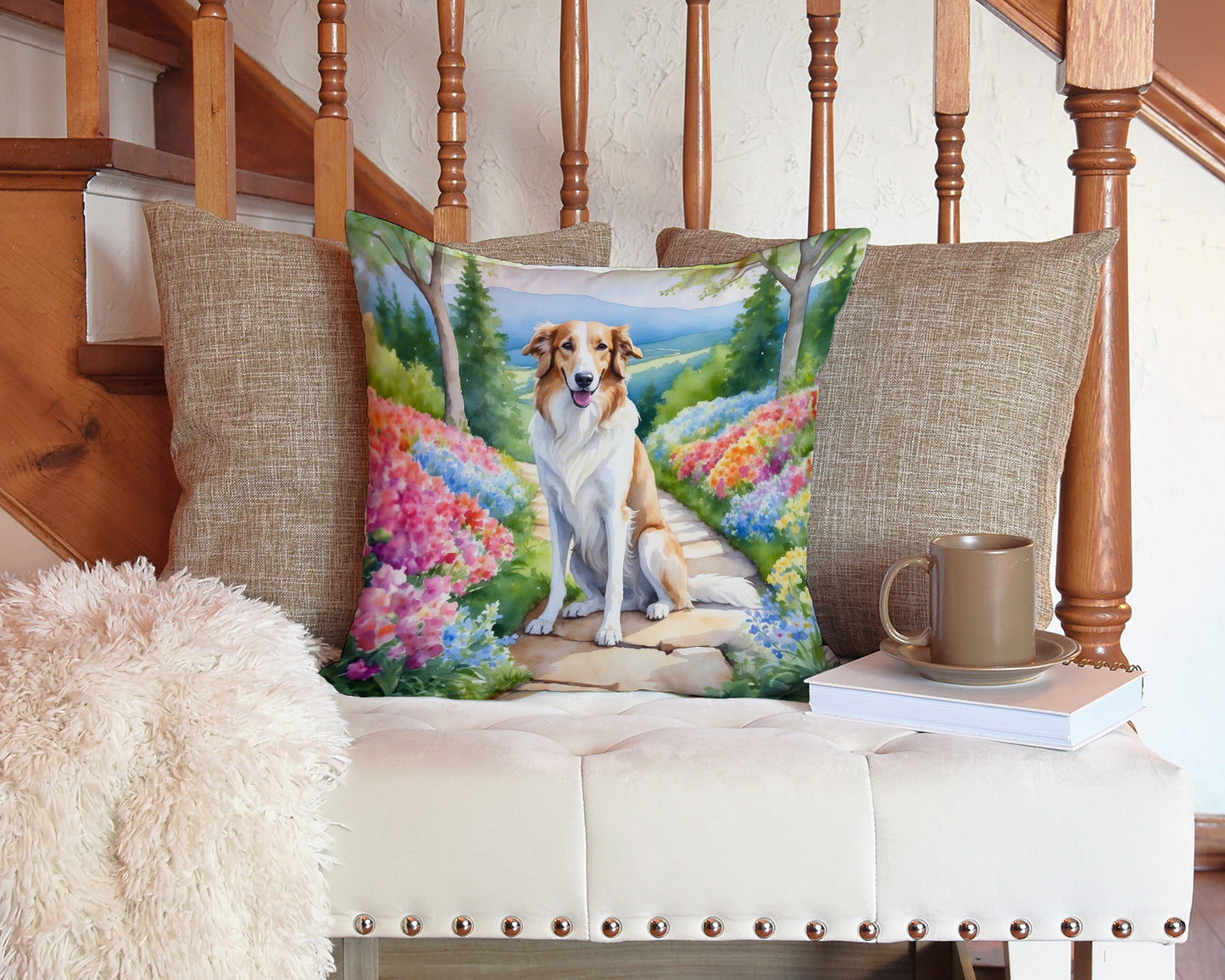 Borzoi Spring Path Throw Pillow