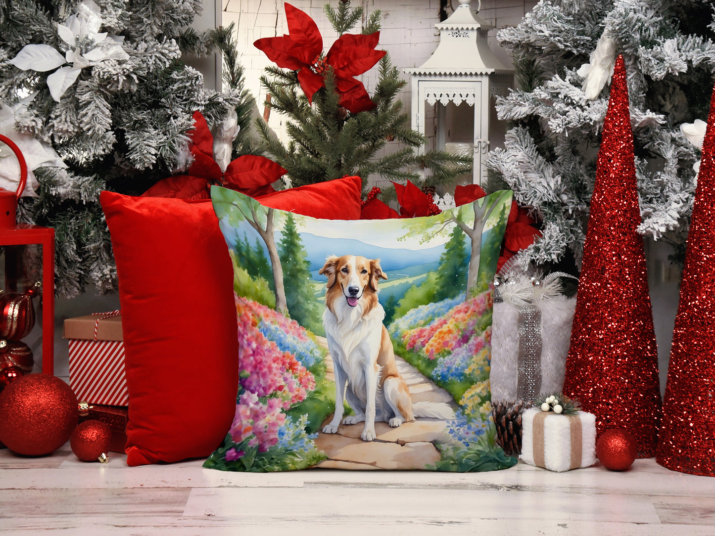 Borzoi Spring Path Throw Pillow