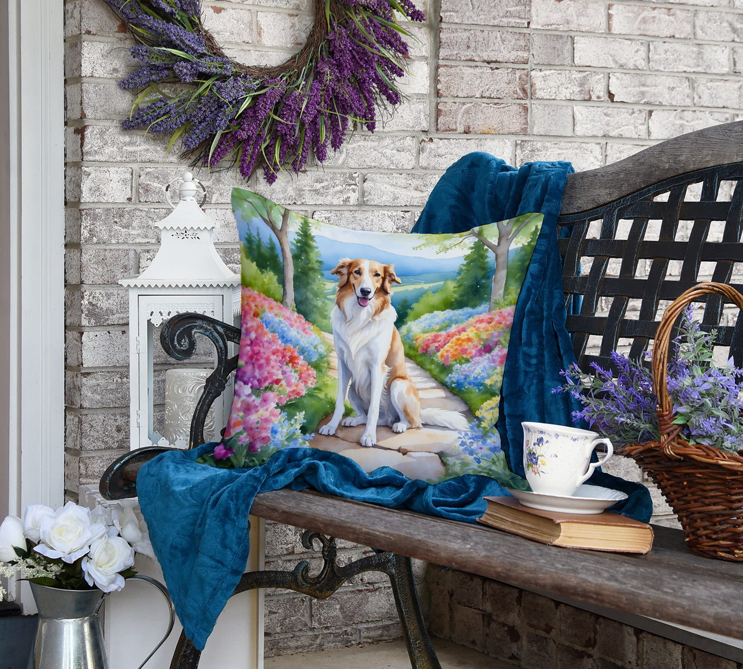 Borzoi Spring Path Throw Pillow