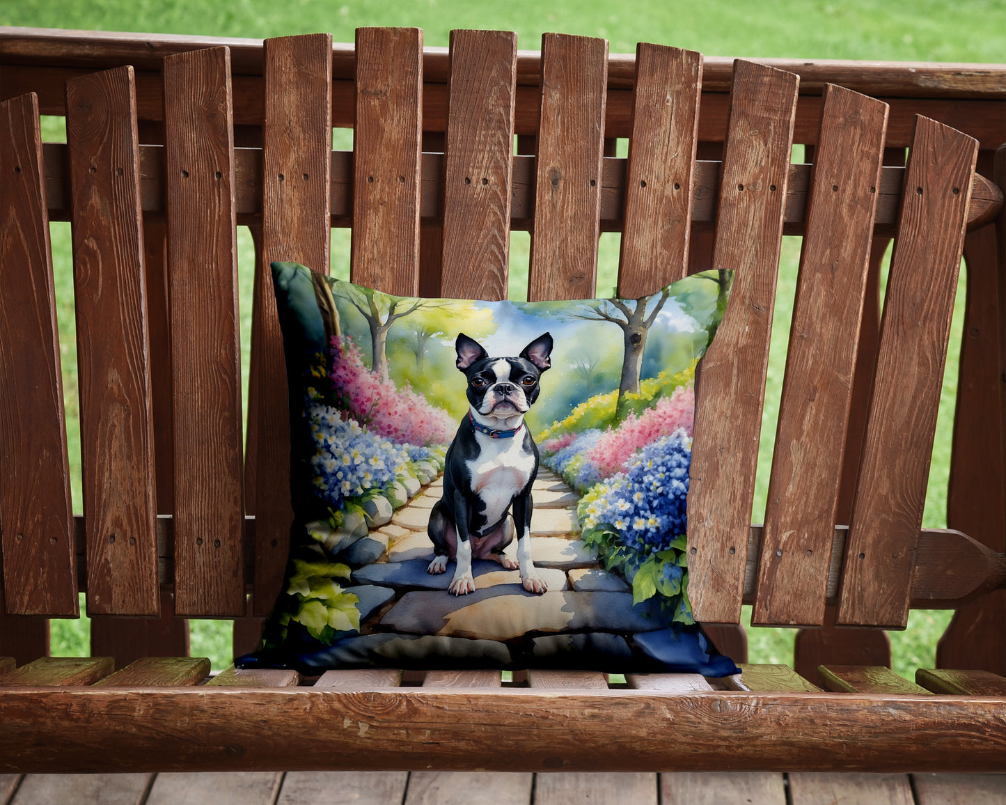 Boston Terrier Spring Path Throw Pillow