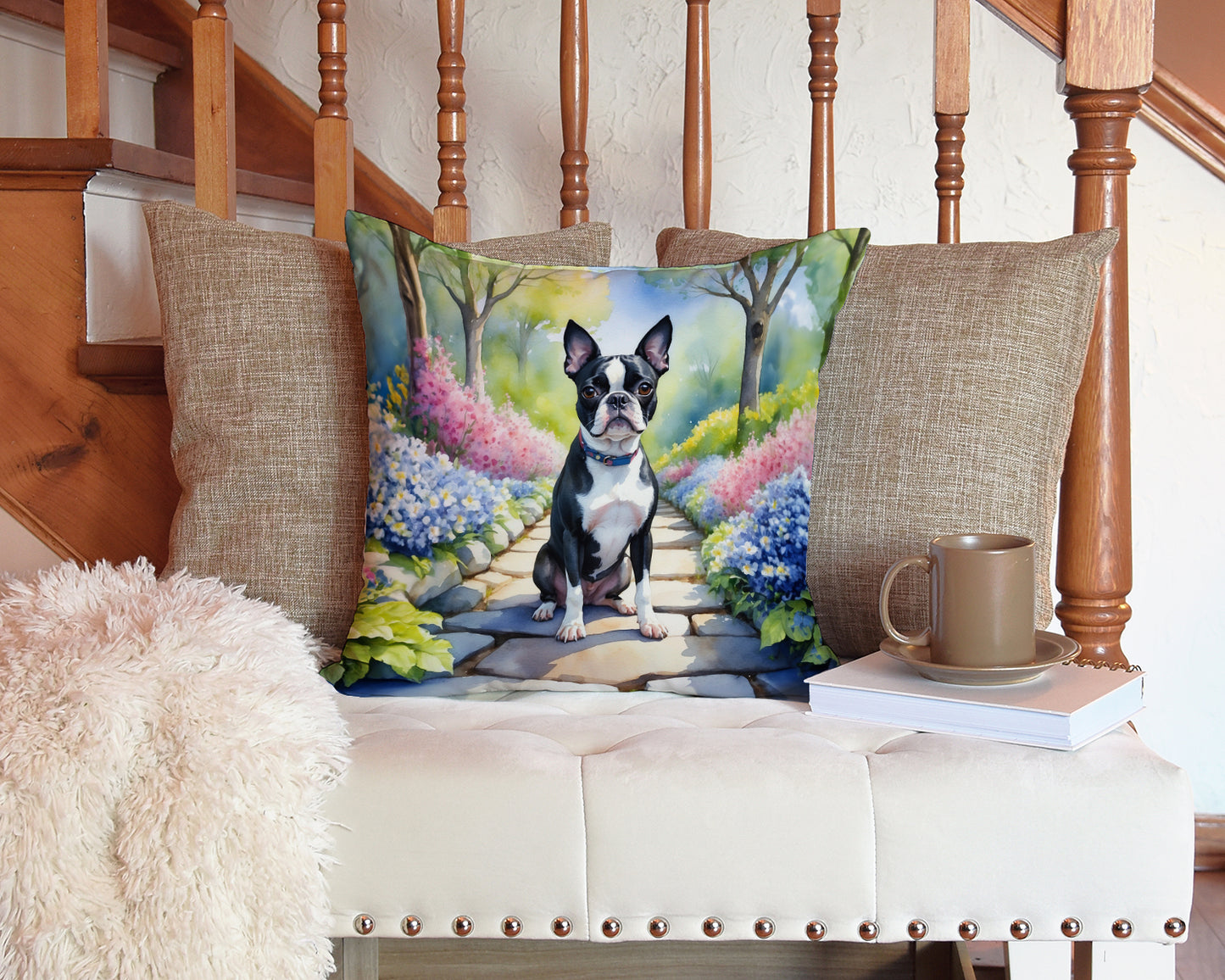 Boston Terrier Spring Path Throw Pillow