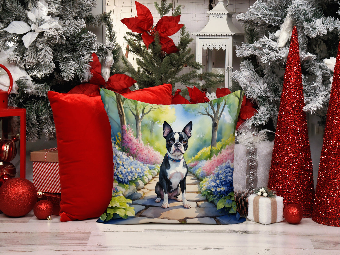 Boston Terrier Spring Path Throw Pillow