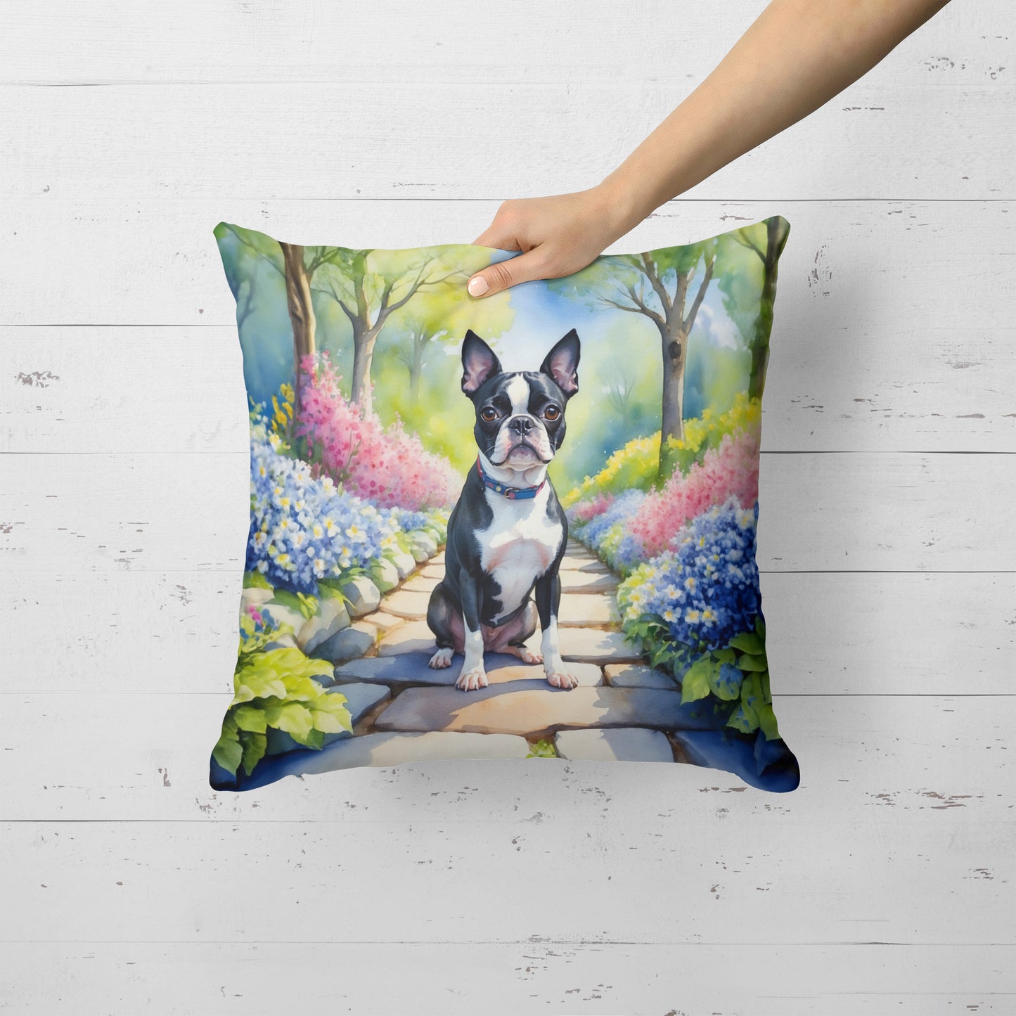 Boston Terrier Spring Path Throw Pillow