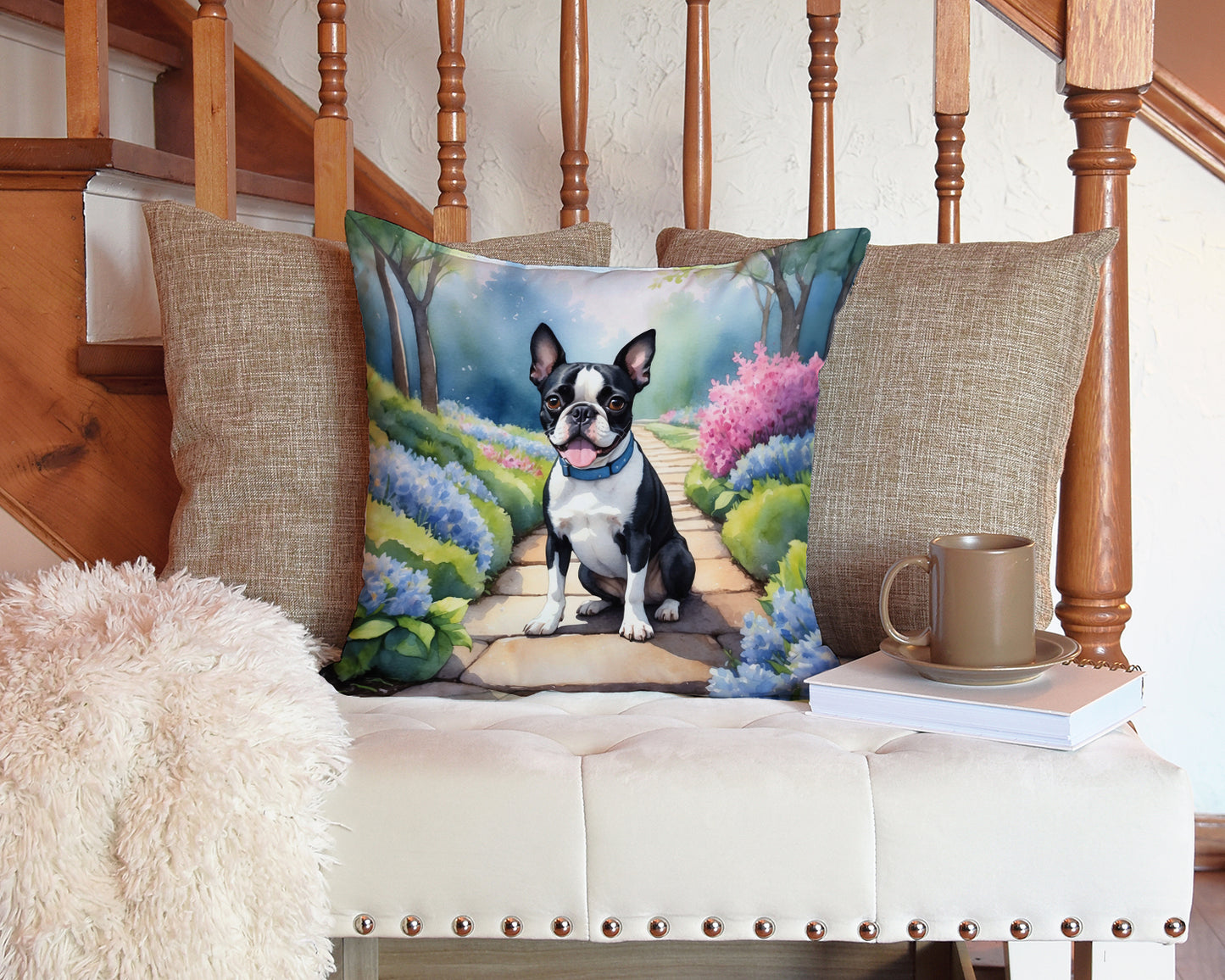 Boston Terrier Spring Path Throw Pillow