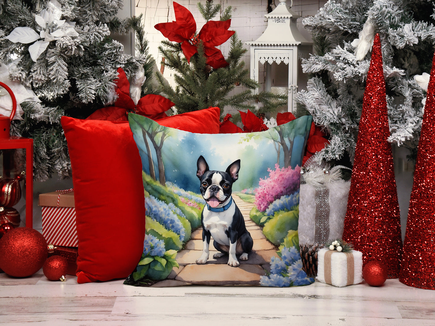 Boston Terrier Spring Path Throw Pillow