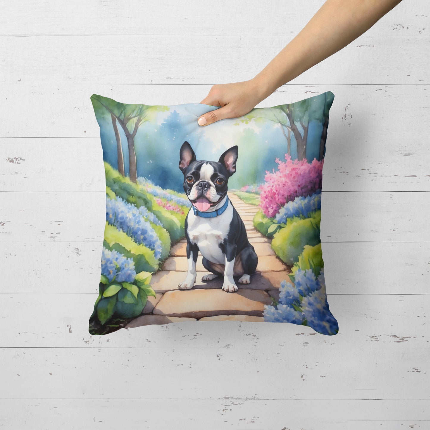 Boston Terrier Spring Path Throw Pillow