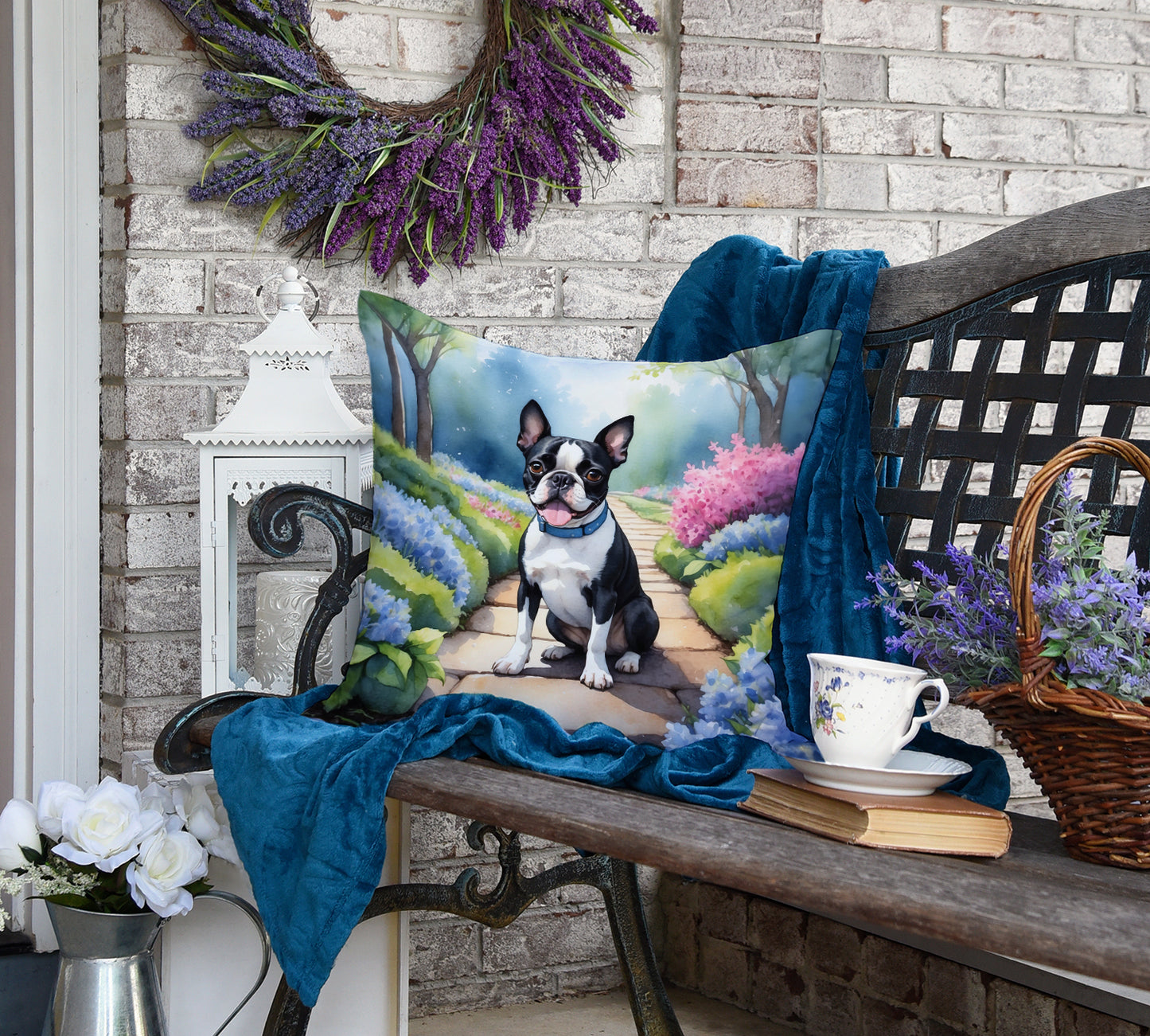 Boston Terrier Spring Path Throw Pillow