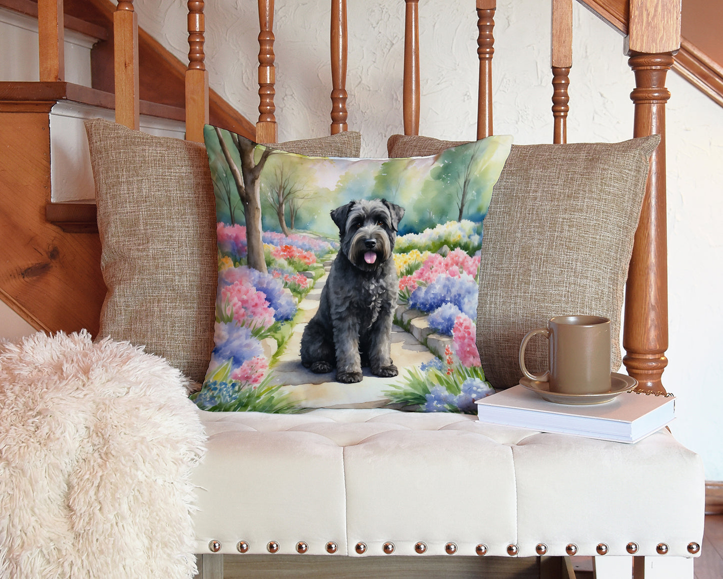 Bouvier des Flandres Spring Path Throw Pillow