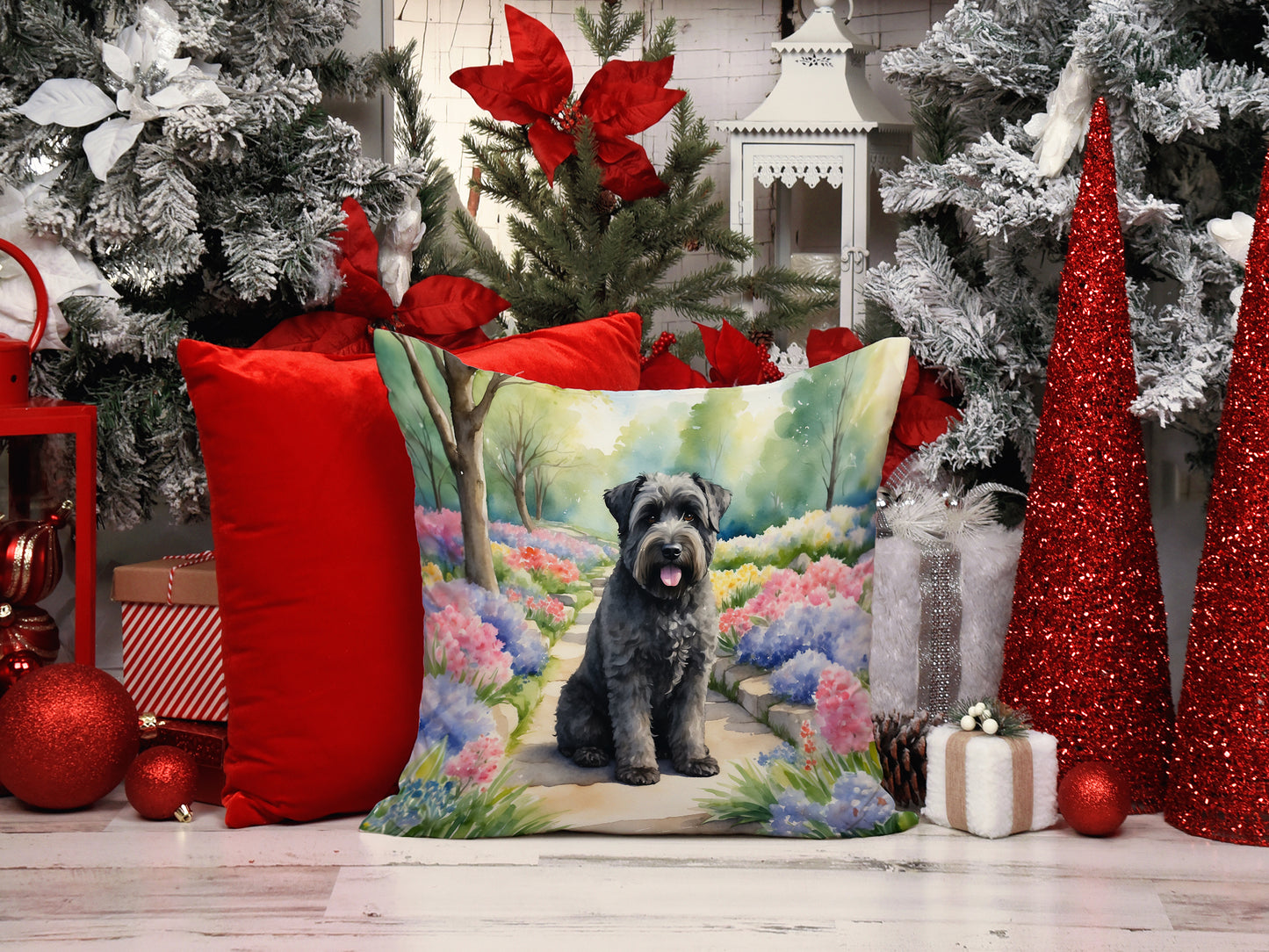 Bouvier des Flandres Spring Path Throw Pillow