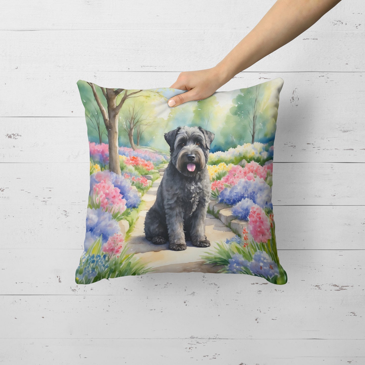 Bouvier des Flandres Spring Path Throw Pillow