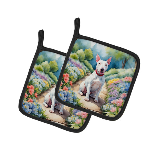 Buy this Bull Terrier Spring Path Pair of Pot Holders