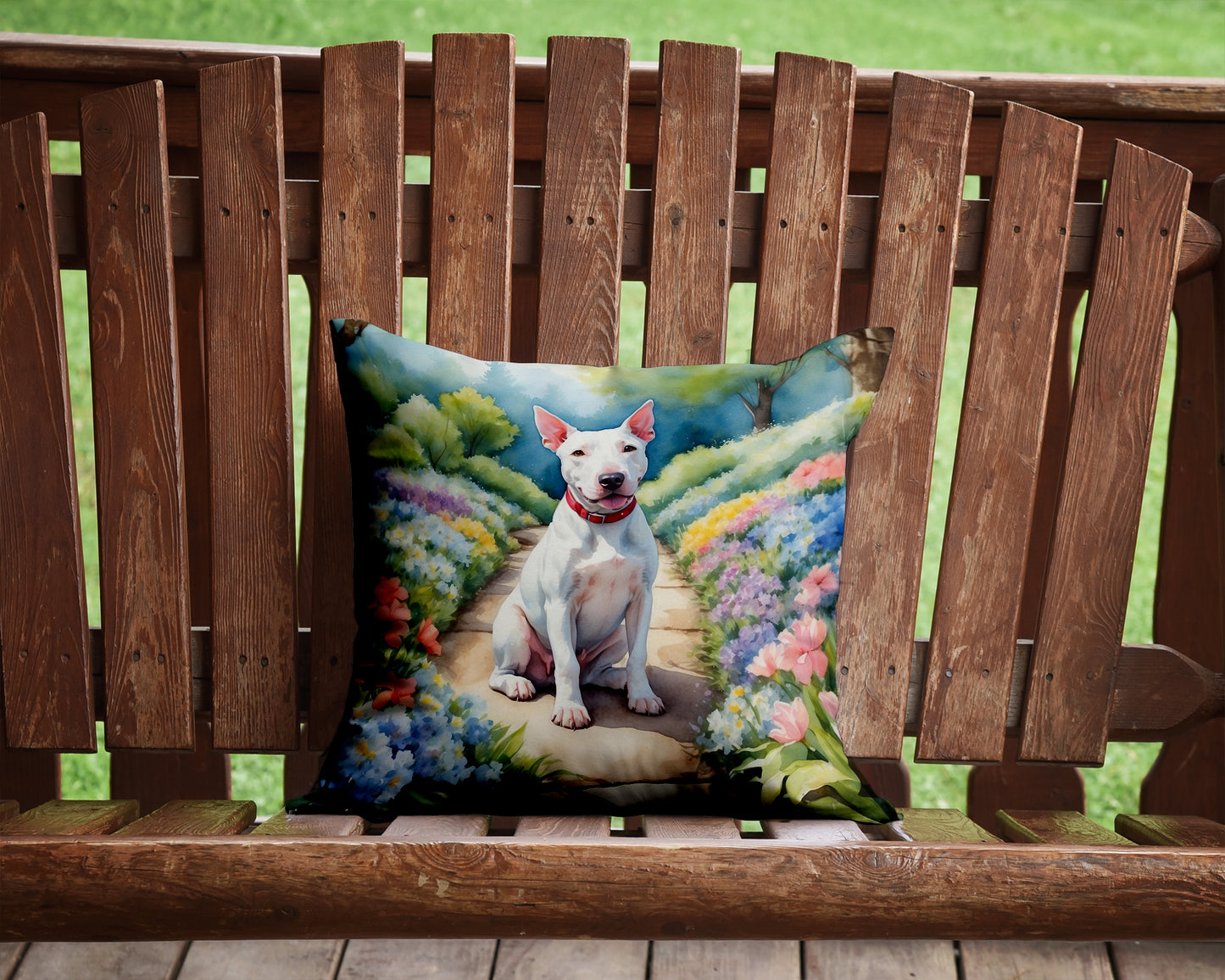 Bull Terrier Spring Path Throw Pillow