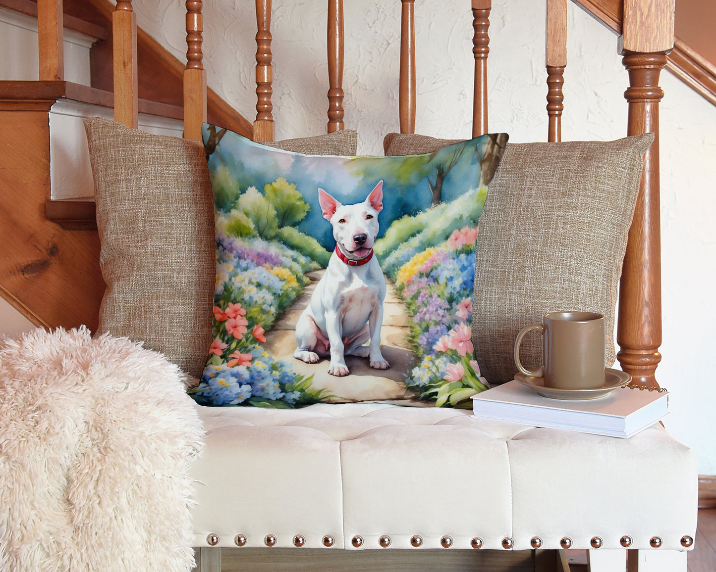 Bull Terrier Spring Path Throw Pillow