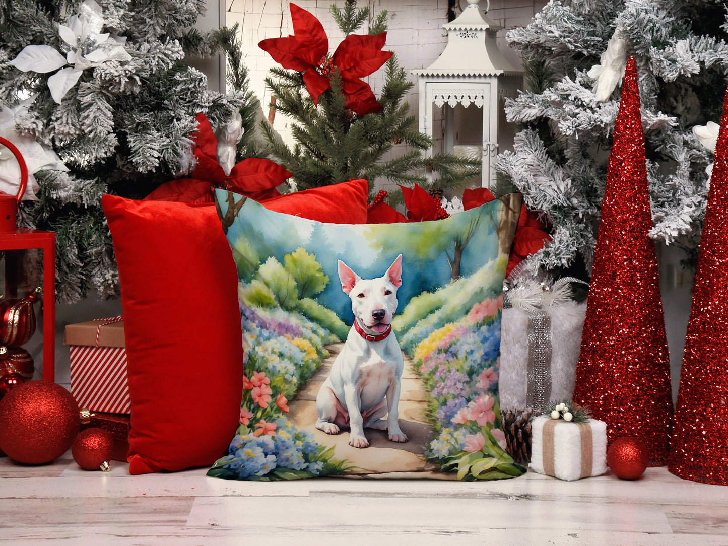 Bull Terrier Spring Path Throw Pillow