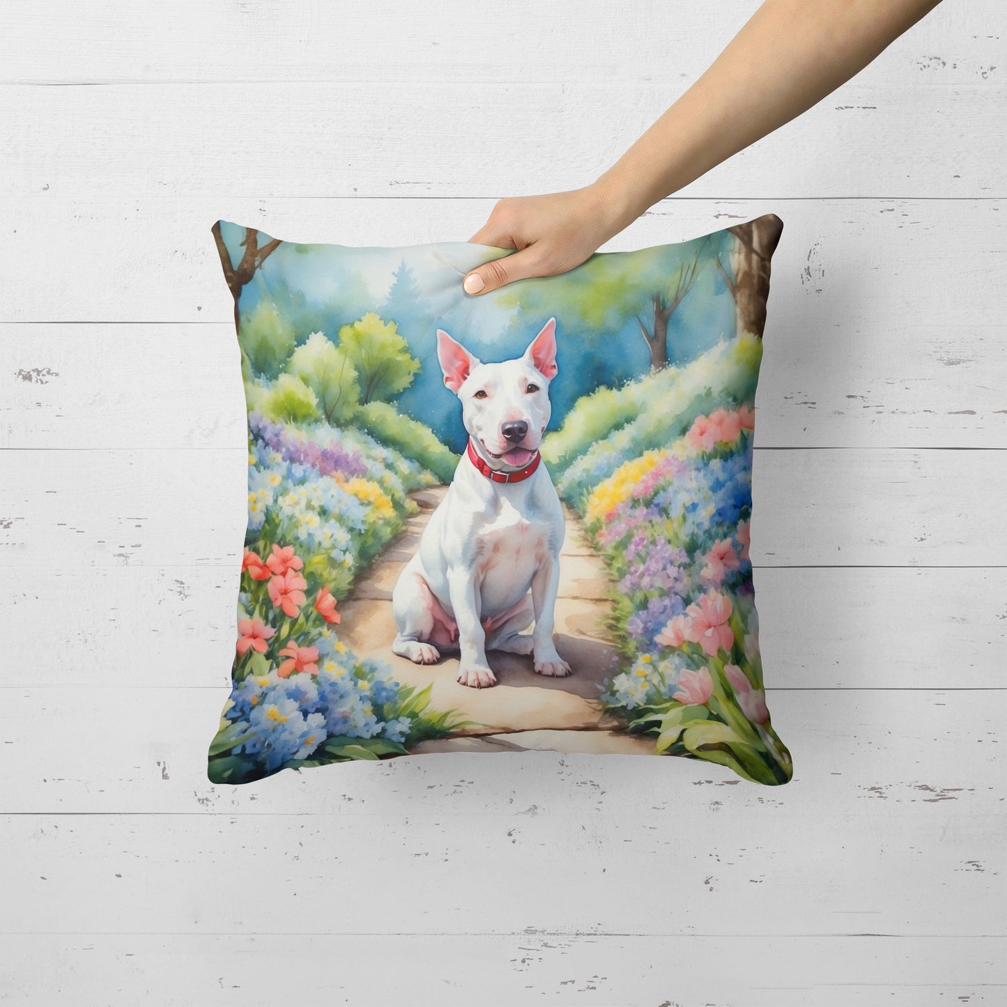 Bull Terrier Spring Path Throw Pillow