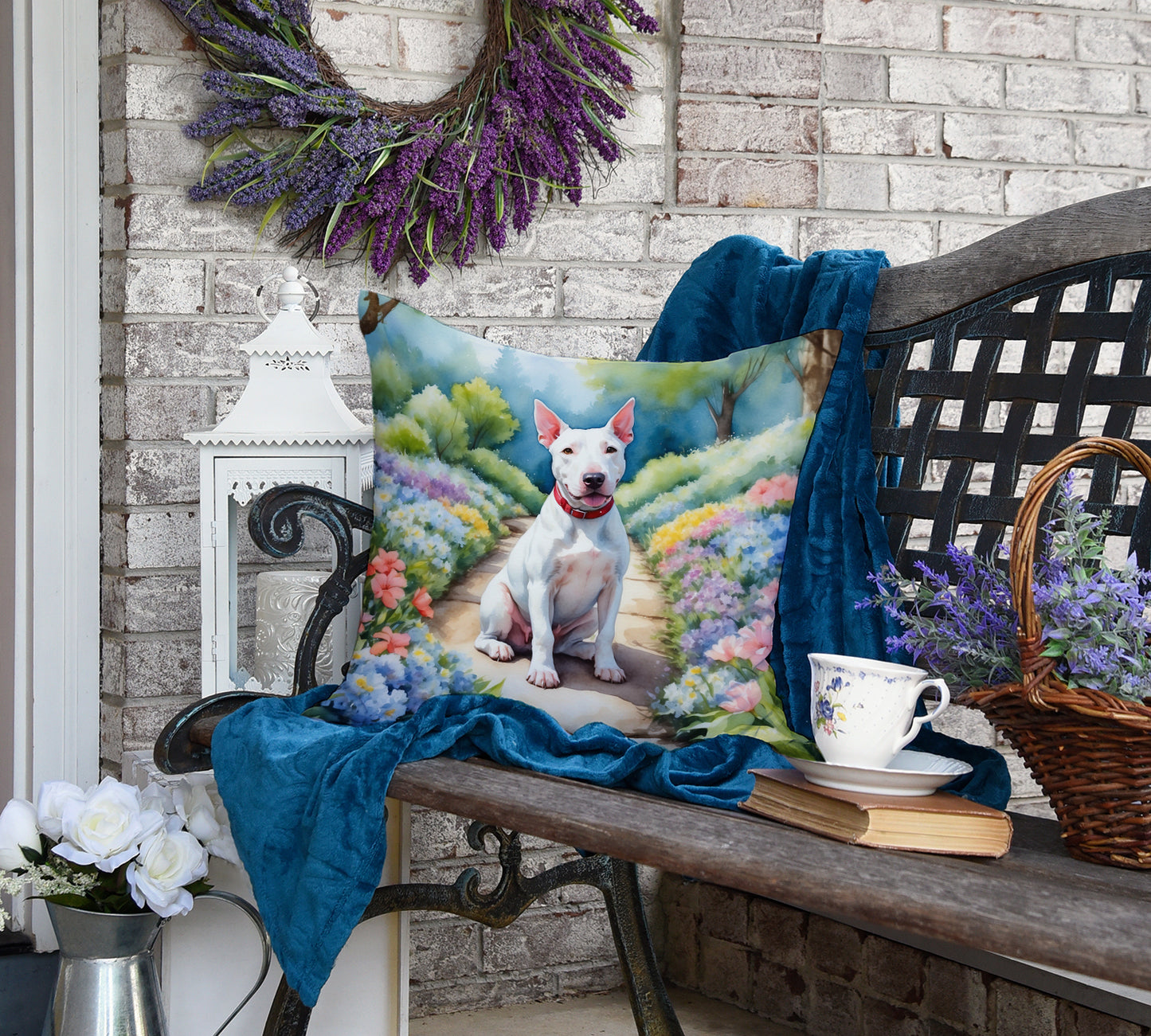 Bull Terrier Spring Path Throw Pillow