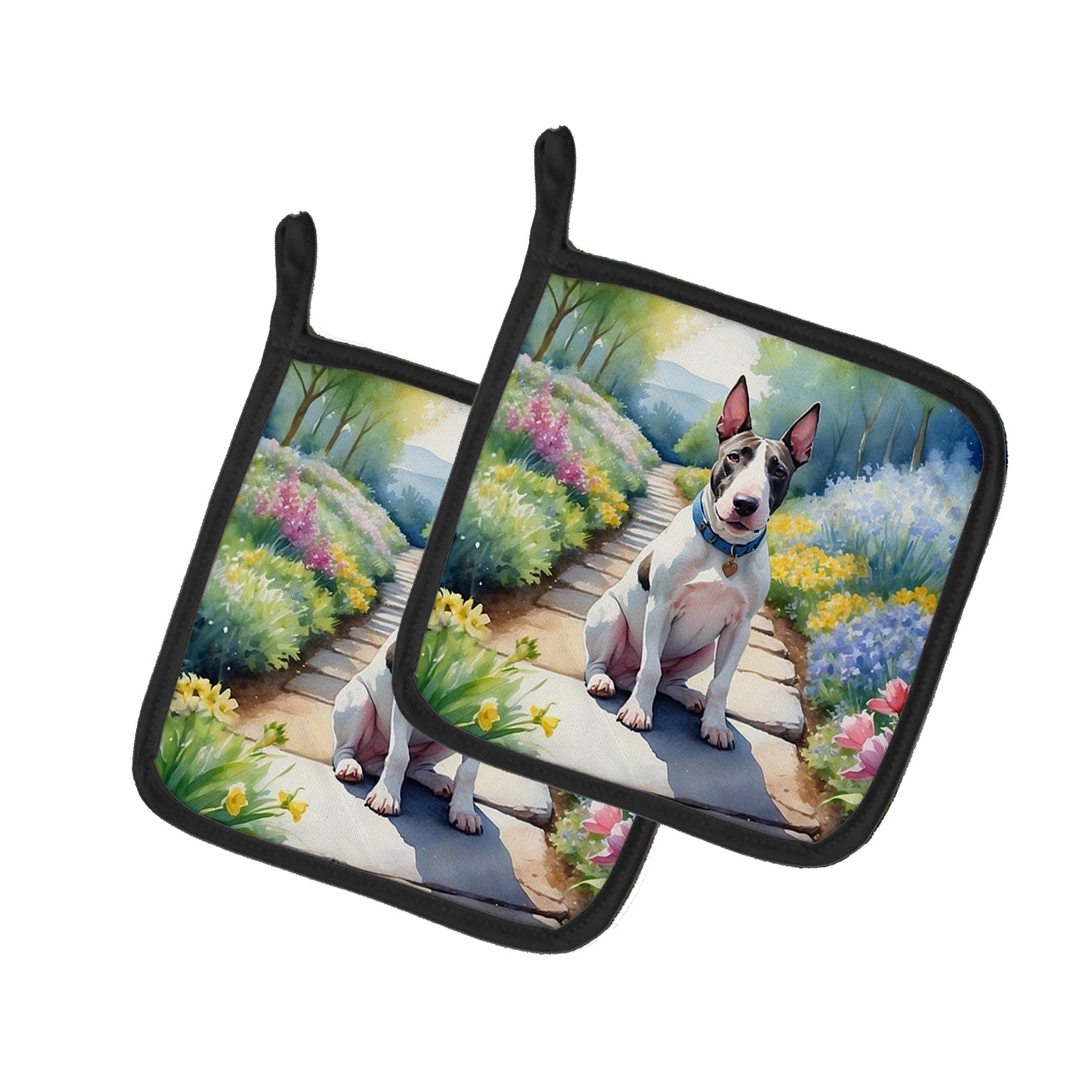 Buy this Bull Terrier Spring Path Pair of Pot Holders