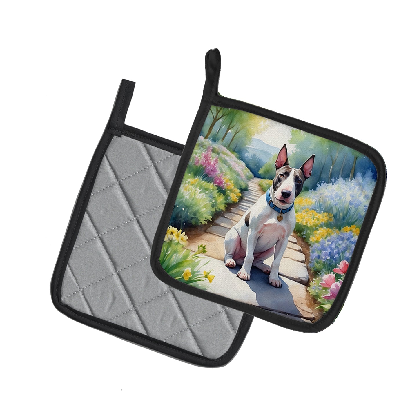 Bull Terrier Spring Path Pair of Pot Holders