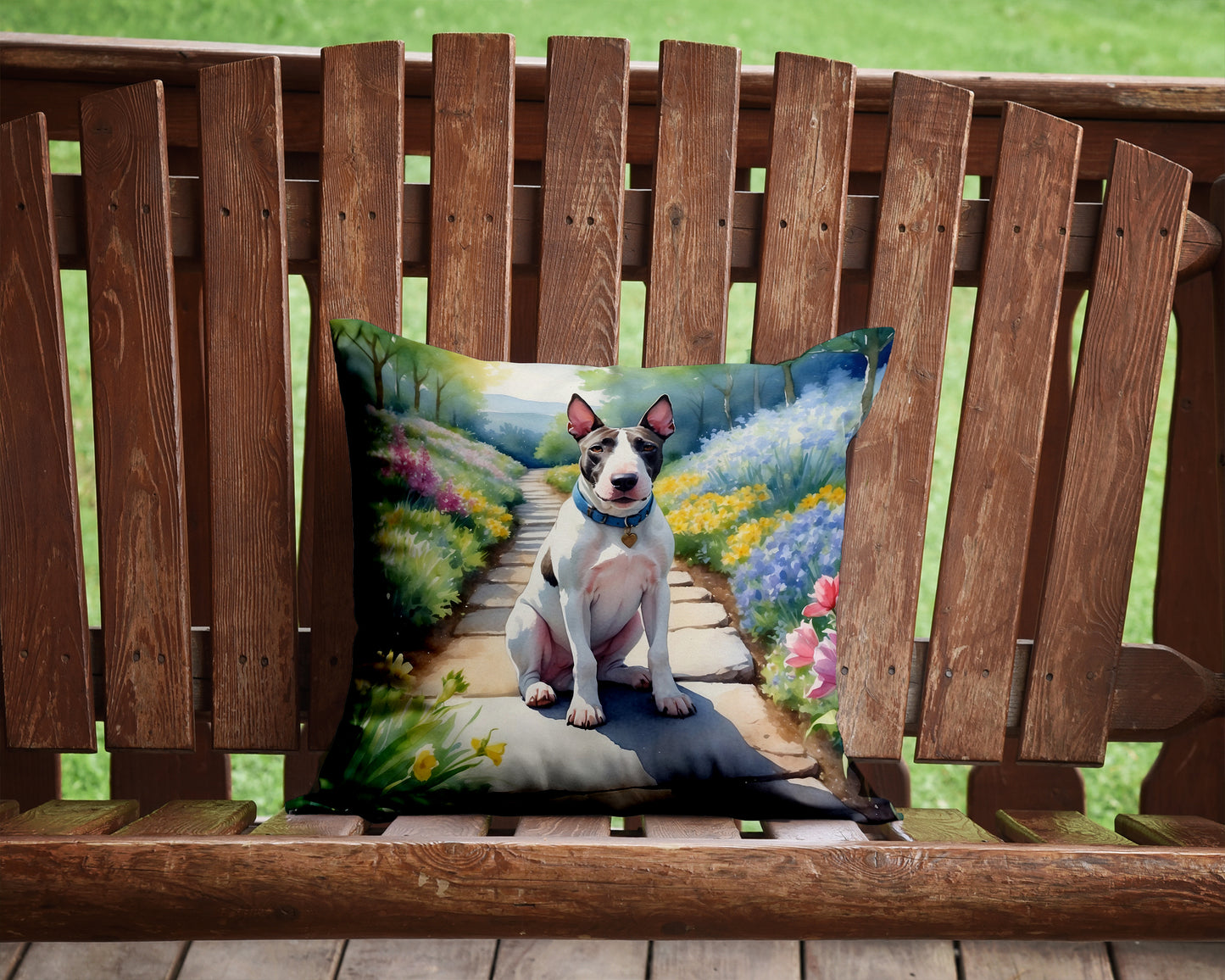 Bull Terrier Spring Path Throw Pillow