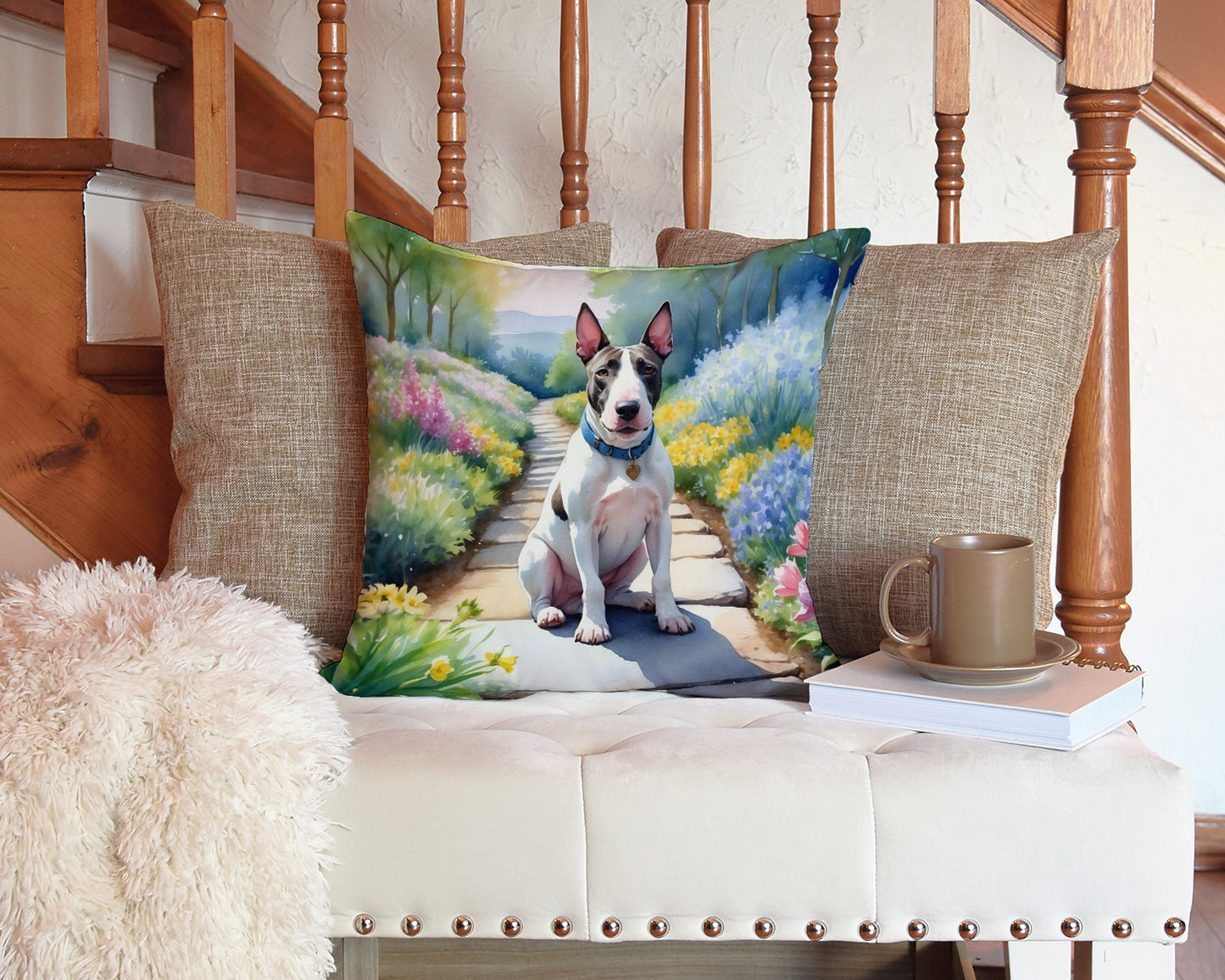 Bull Terrier Spring Path Throw Pillow