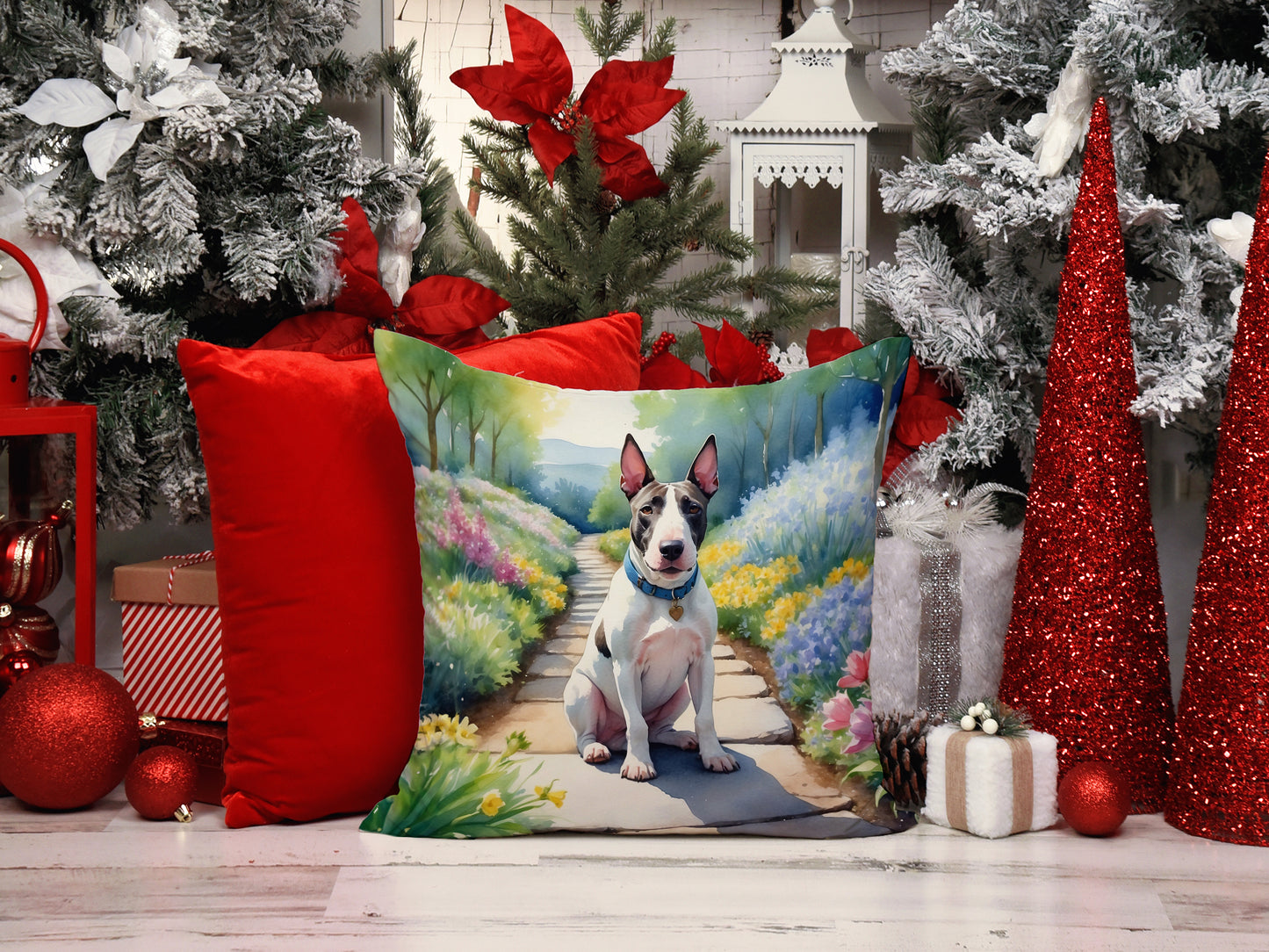 Bull Terrier Spring Path Throw Pillow