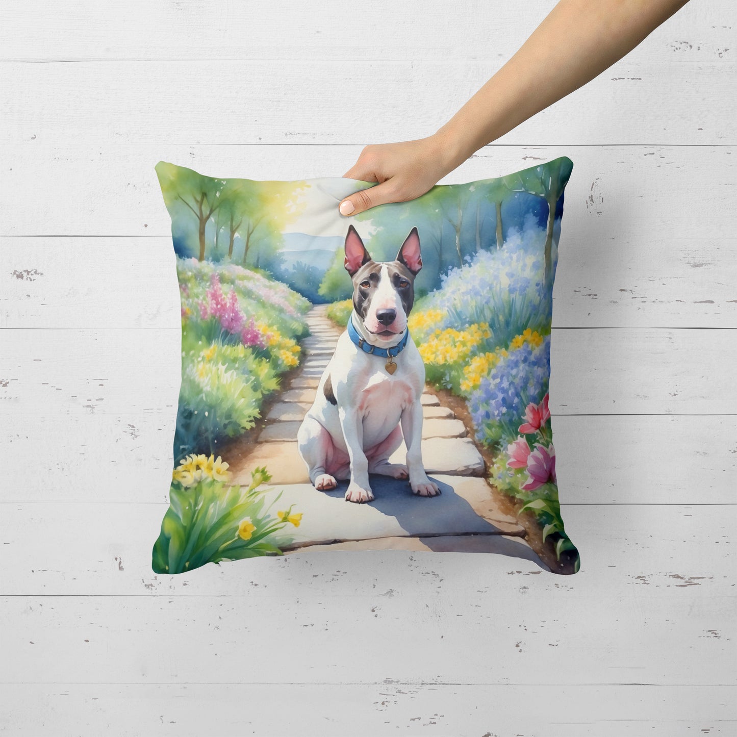 Bull Terrier Spring Path Throw Pillow