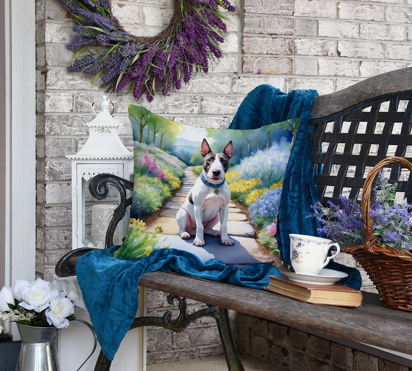 Bull Terrier Spring Path Throw Pillow