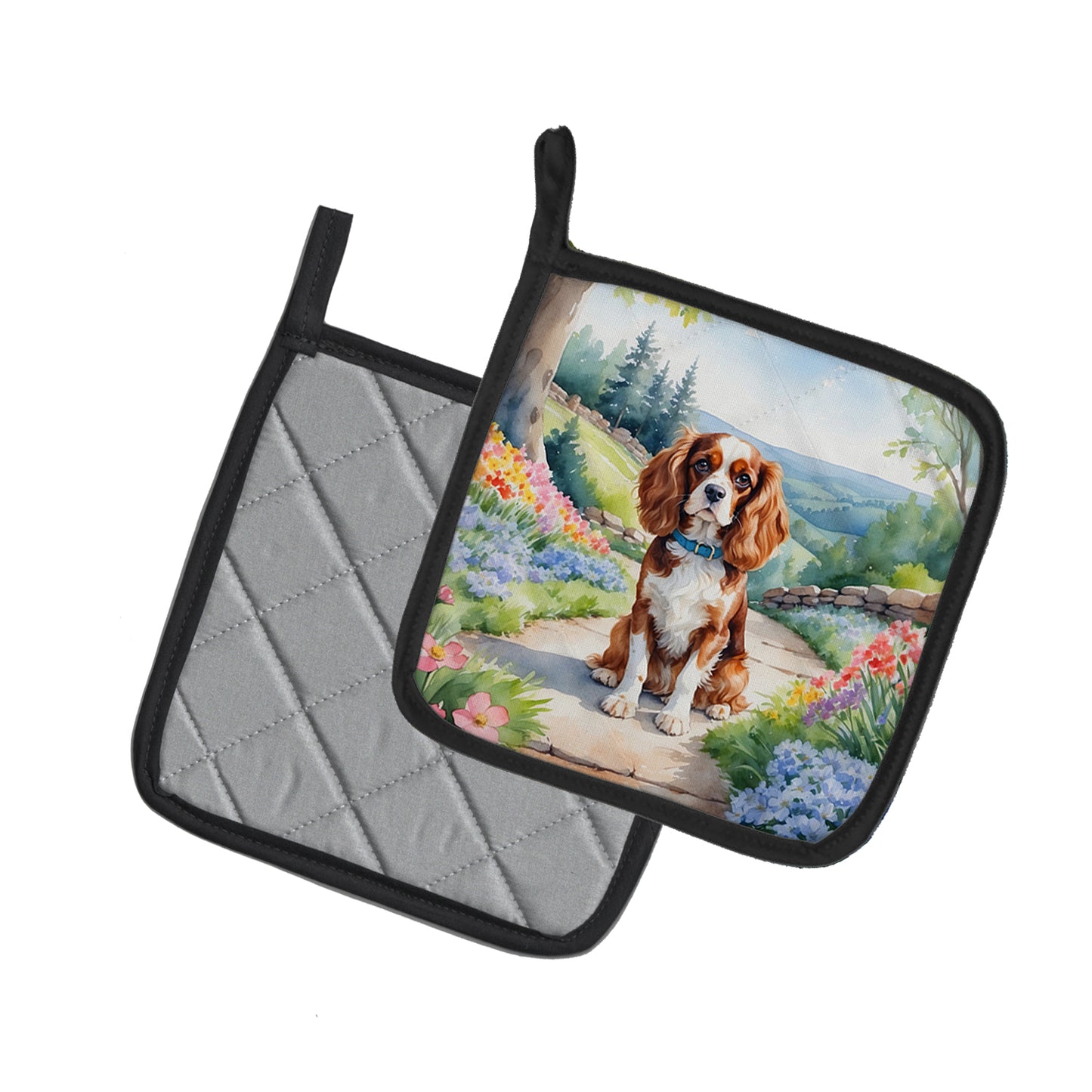 Cavalier Spaniel Spring Path Pair of Pot Holders