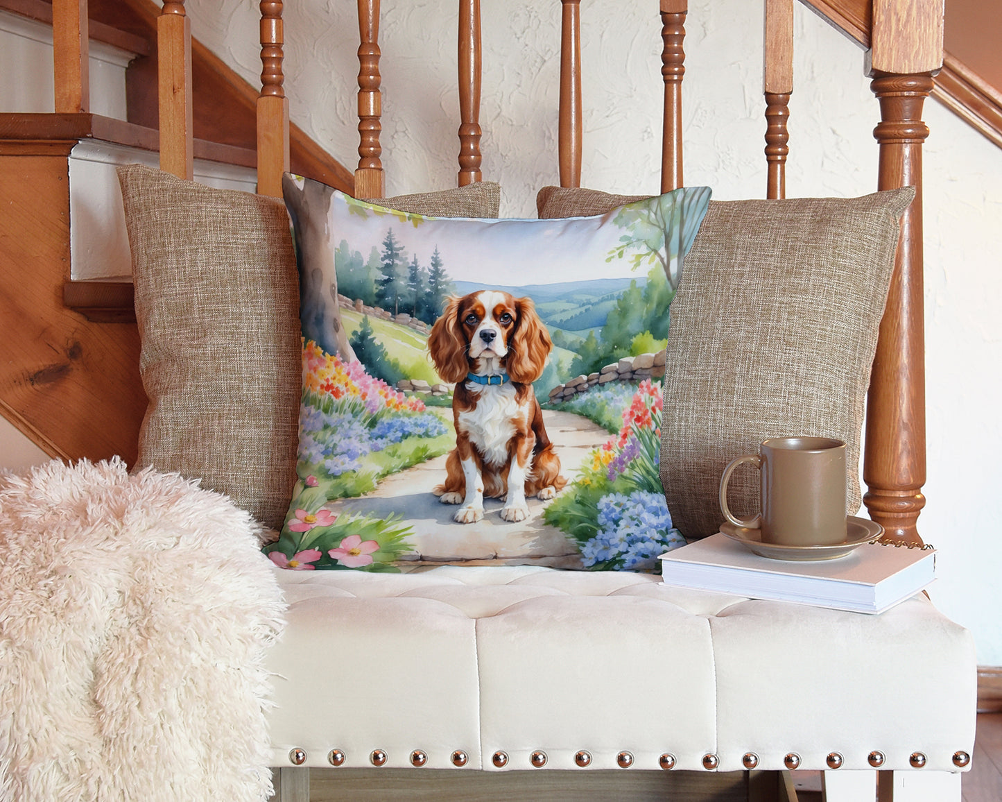 Cavalier Spaniel Spring Path Throw Pillow