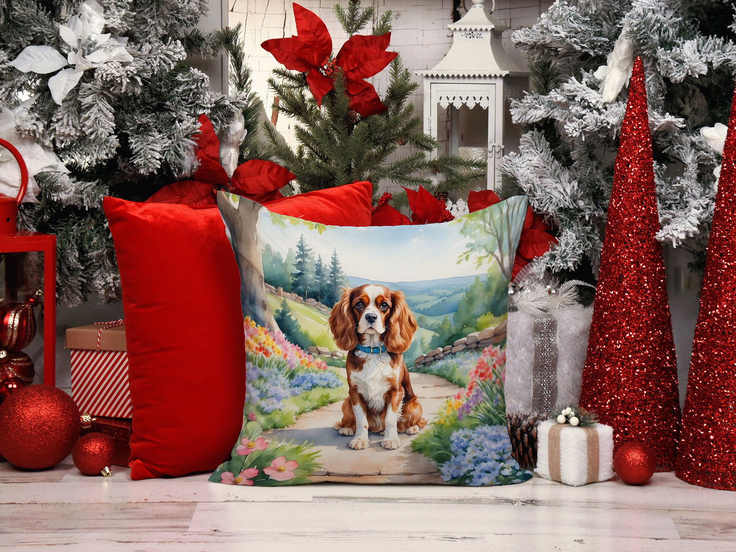 Cavalier Spaniel Spring Path Throw Pillow